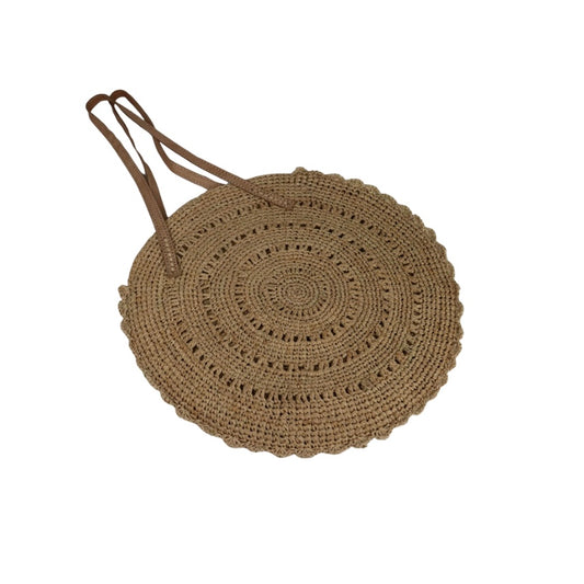 RAFFIA CROCHET ROUND SHOULDER BAG WITH LEATHER HANDLES