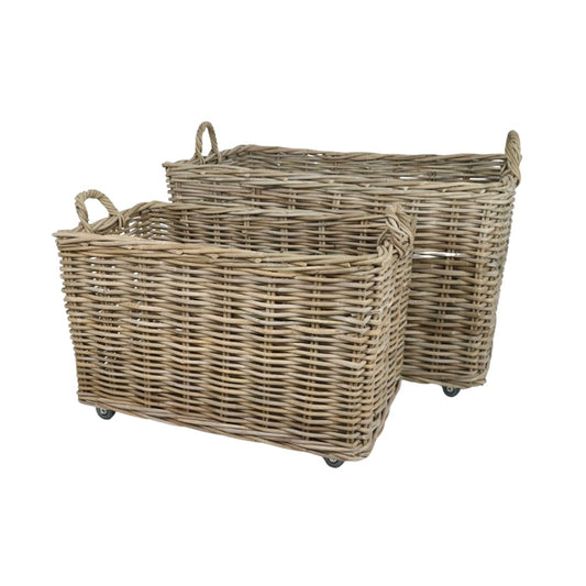 RATTAN LAUNDRY BASKETS ON WHEELS - SET OF 2