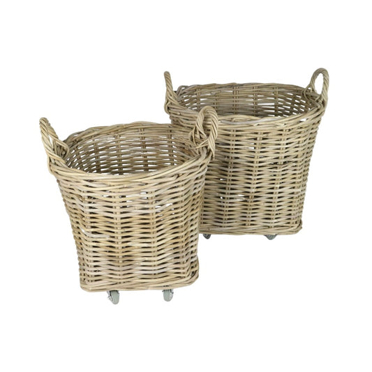 RATTAN ROUND BASKETS ON WHEELS - SET OF 2
